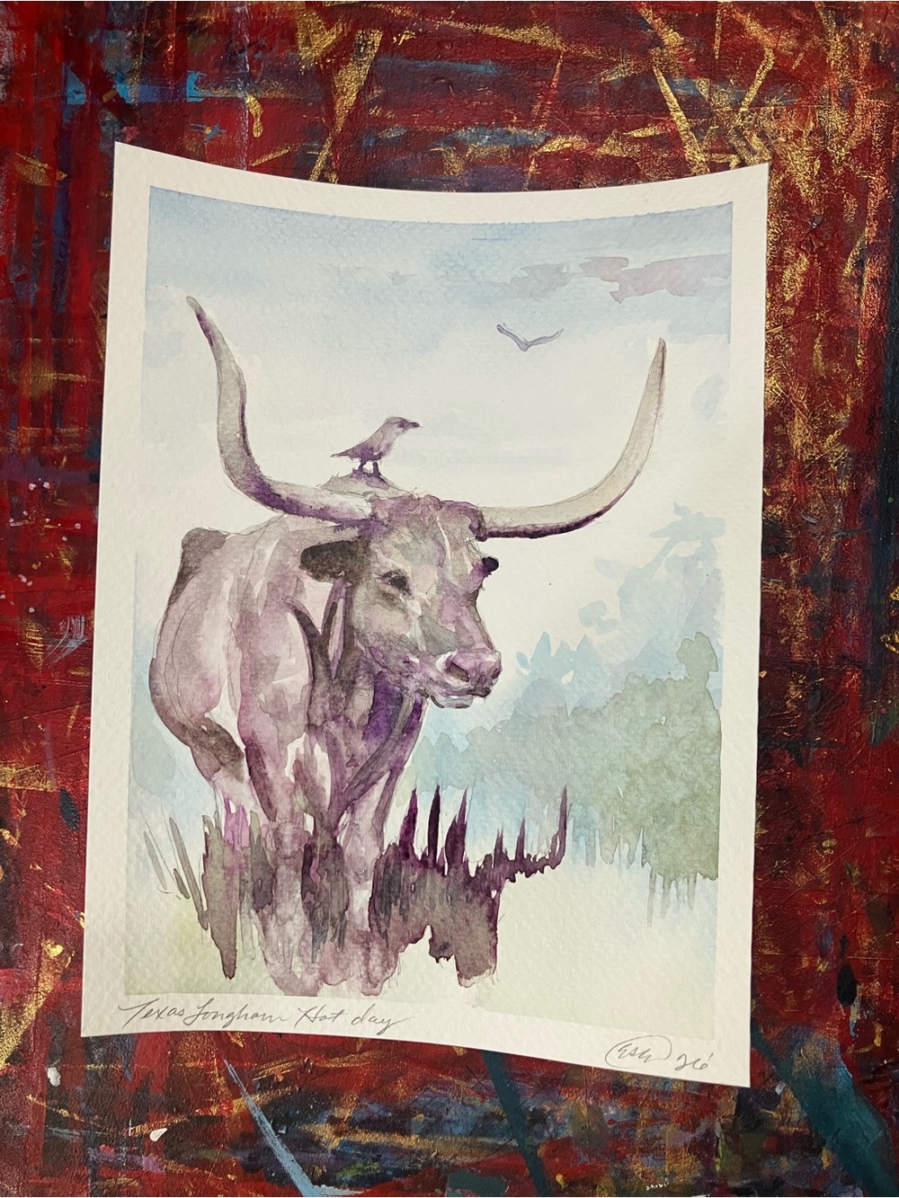 Original Texas Longhorn landscape painting steer art cow ranch western artwork